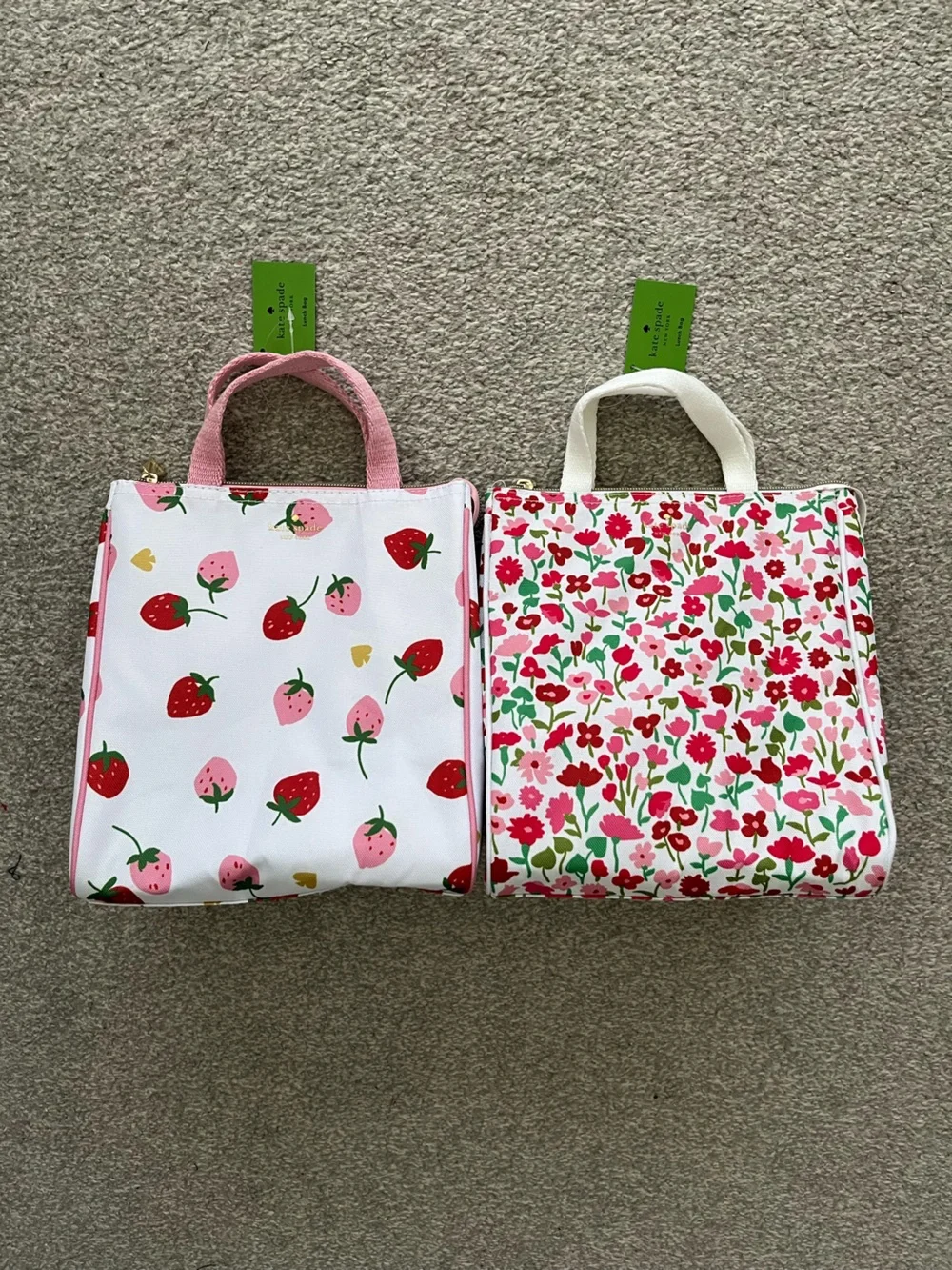 NWT Kate Spade Strawberry & Floral Lunch Bag Duo in White, Pink, Red, Green